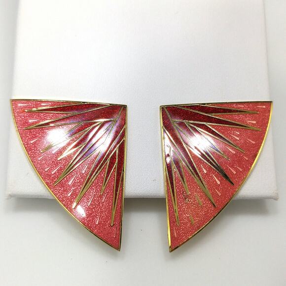 Vintage Isle of Skye Red Rose Fan Clip Earrings, Gold Plated Enamel - Picture 6 of 10